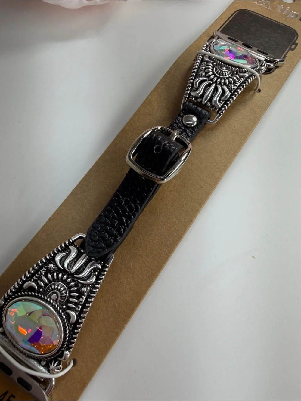 Black Leather Crystal Accent Watch Band for 42–45mm